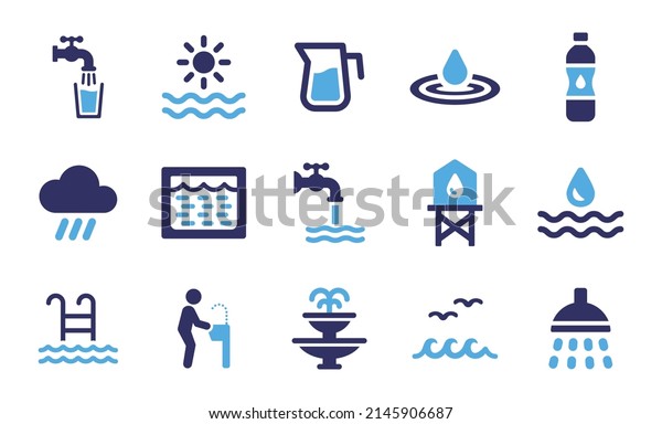 Water icon\
collection. Containing water supply, rain, drinking water, shower\
and tap water icon in graphic\
design.