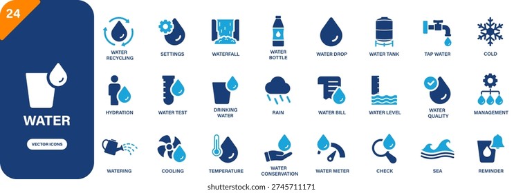 Water icon collection featuring water drop, rain, sea, tap water and watering symbols. Solid vector icons.