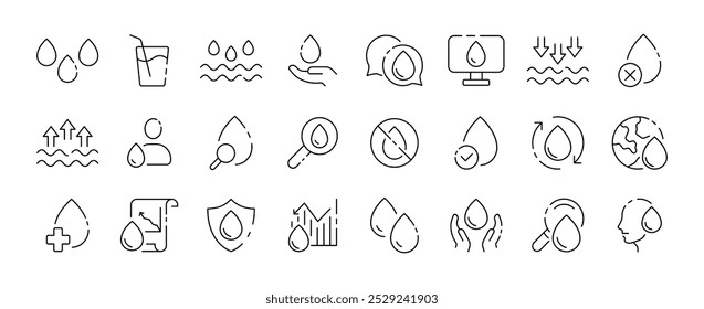 Water icon collection. Humidity and water design. Drop set. Linear style. Vector icons