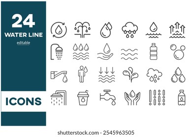 Coleção de ícones de água. Símbolo de queda de linha fina, onda, chuva