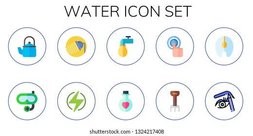water icon set. 10 flat water icons.  Collection Of - kettle, snorkel, shower, green energy, faucet, elixir, tap, rake, salmon, liner