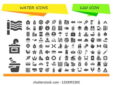 water icon set. 120 filled water icons.  Simple modern icons about  - Rainbow, Ice bucket, Sink, Garden, Soap, Hamster ball, Renewable energy, Antiseptic, Worm, Fish, Fish bone