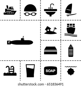 Water icon. set of 13 filled watericons such as soap, sponge, sink, cargo ship, home on island, drink, swimming pool, swimming hat and glasses, windsurfing, water military