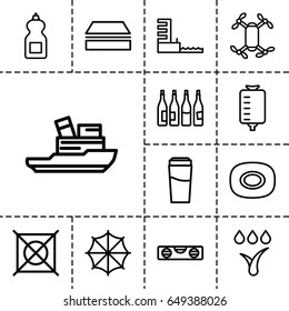 Water icon. set of 13 outline watericons such as bottle, soap, drink, sponge, cleanser, no dry cleaning, level ruler, drop counter, harbor, watering system, umbrella, boat