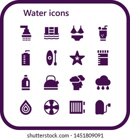 water icon set. 16 filled water icons.  Collection Of - Shower, Swimming pool, Swimsuit, Mojito, Water bottle, Kayak, Starfish, Urine, Detergent, Kettle, Storm, Rain, Drop, Propeller