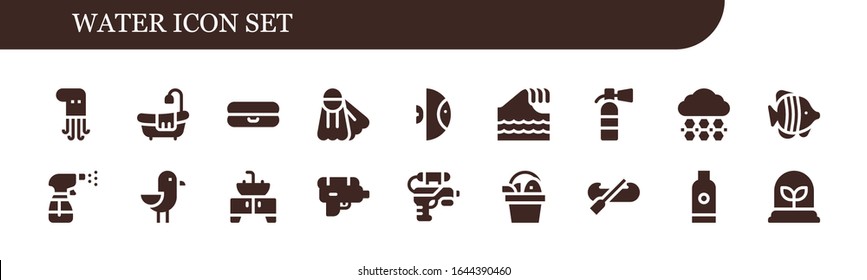 conjunto de iconos de agua. 18 íconos llenos de agua. Incluido Octopus, Bañera, Float, Fins, Pescado, Tsunami, Extinguisher, Granizo, Spray, Gaviota, Ardilla, Cañón de agua, Kayak, Shampoo, Íconos de la planta