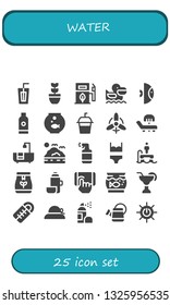 water icon set. 25 filled water icons.  Collection Of - Drink, Plant, Eco fuel, Pelican, Fish, Shampoo, Fishbowl, Soda, Wind, Sunbed, Bathtub, Sea, Spray, Bikini, Flyboard, Tea bag