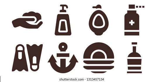 Water Icon Set. 8 Filled Water Icons.  Collection Of - Dive, Gardening, Anchor, Soap, Dish, Urinal, Rum, Antiseptic