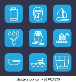 Water icon. set of 9 outline water icons such as canister, bucket, pool, cargo ship, bath, drink, watering system, pool ladder
