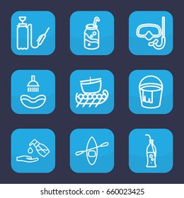 Water icon. set of 9 outline water icons such as shower, bucket, liquid soap, soda, harden hose, soda bottle, rowing boat, water military