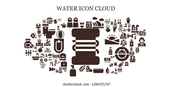  water icon set. 93 filled water icons. Simple modern icons about  - Fishing line, Bikini, Fish, Fins, Laundry, Opera house, Foam, Sand, Surfboard, Soap, Watering can, Oil, Coral