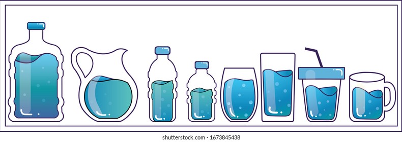 Water icon set, bottle, various glass water, water beverage icons. Design vector water icon symbol.