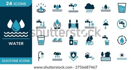 Water icon set. Clean water, drinking, hydration, liquid drop, water supply, sanitation system, rainfall, irrigation, conservation and more. Duotone vector icons collection.