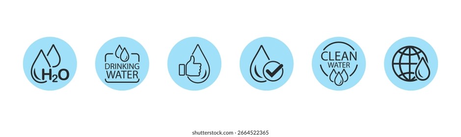 Conjunto de iconos de agua: grifo limpio, bebida goteada, botella, mar, ducha, lluvia, líquido fresco, piscina, Filtrar, tubería, pictograma de Vector sobre fondo transparente.