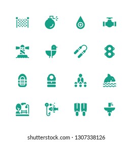 water icon set. Collection of 16 filled water icons included Sink, Fins, Fishing, Park, Dolphin, Trainer, Sleeping bag, Inflatable boat, Floats, Nunchaku, Seagull, Lighthouse