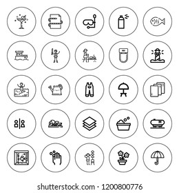 Water icon set. collection of 25 outline water icons with aquarium, boat, cocktail, diving mask, fish, fitness, gardener, gardening, lighthouse, layers icons. editable icons.