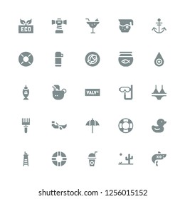 water icon set. Collection of 25 filled water icons included Shark, Desert, Drink, Lifesaver, Lifeguard, Duck, Umbrella, Boat, Rake, Bikini, Dive, Valve, Coconut drink, Fishing