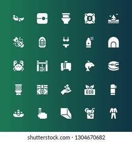 water icon set. Collection of 25 filled water icons included Diving, Drink, Minerals, Wash, Sink, Thermo, Eco, WASHING HANDS, Bills, Food, Salmon, Dolphin, Water tank, well