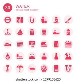 water icon set. Collection of 30 filled water icons included Salt, Bills, Hook, Hot drink, Lighthouse, Buoy, Boat, Water dispenser, Turtle, Desert, Bucket, Hand dryer, Iron, Jar