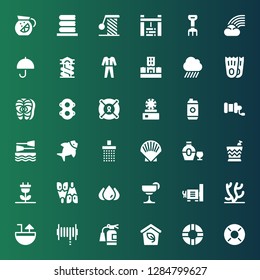 water icon set. Collection of 36 filled water icons included Lifebuoy, Lifesaver, Eco, Extinguisher, Hose, Cocktail, Coral, Dynamo, Blood, Flipper, Renewable energy, Bucket, Bottle