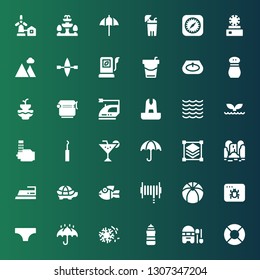 water icon set. Collection of 36 filled water icons included Lifesaver, Boat, Lighthouse, Desert, Umbrella, Bikini, Infected, Beach ball, Hose, Fish, Tortoise, Iron, Waterfall