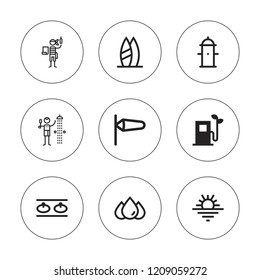 Water icon set. collection of 9 outline water icons with blood, eco fuel, hydrant, pirates, shower, sunset, surf board, wind sign icons. editable icons.