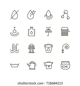 Water icon set. Collection of water drop line icons. 16 high quality logo of wave on white background. Pack of symbols for design website, mobile app, printed material, etc.