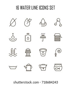 Water icon set. Collection of water drop line icons. 16 high quality logo of wave on white background. Pack of symbols for design website, mobile app, printed material, etc.