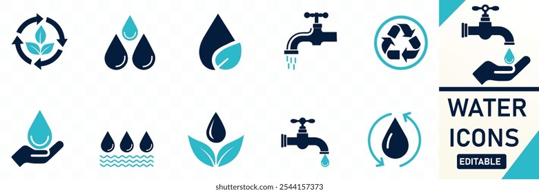 Conjunto de ícone de água Contendo conservação de água, água limpa, ciclo de água Coleção de ícone de vetor plano sólido.