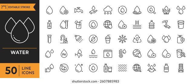 Water icon set. Containing Drop Water, Mineral, Shower, Plastic Bottle, drops, water sources, protection, water filtration, Glass, and more. Editable stroke. Vector illustration
