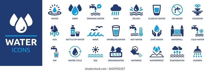 Water icon set. Containing drop, rain, tap, h2o, waterproof, glass of water, shower, drinking water and more. Solid vector icons collection.