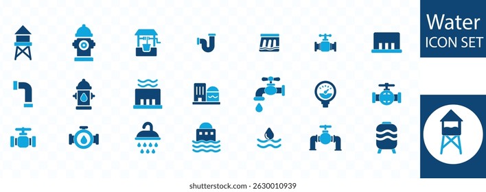Water icon set. Containing drop, rain, tap, h2o, waterproof, glass of water, shower, drinking water and more. 