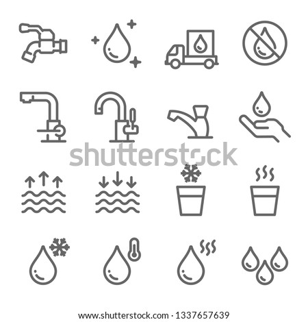 Water Icon Set. Contains such Icons as Tap, Faucet, Hot Water, No Water, Delivery and more. Expanded Stroke