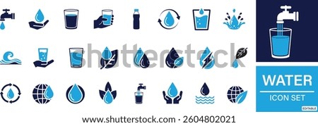 Water icon set . Drinking Water, Water Bottle, Splash, You can easily change the color