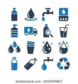 Conjunto de iconos de agua: beber, purificación y entrega