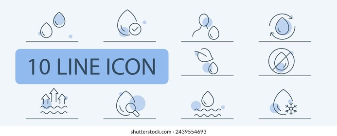 Water icon set. Drop, hydration, check mark, water, cocktail, drink, glass, snowflake. 10 line icon style. Vector line icon for business and advertising