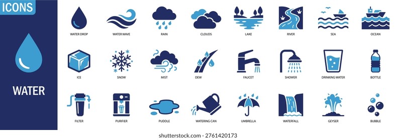 water icon set. featuring icons for water drop, water wave, rain, lake, river, ocean, sea, snow, ice, dew, bottle, filter, waterfall. vector solid icons.