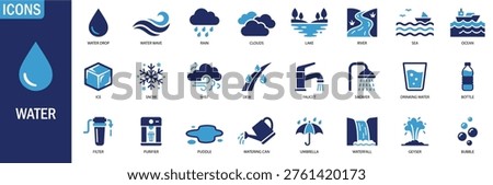 water icon set. featuring icons for water drop, water wave, rain, lake, river, ocean, sea, snow, ice, dew, bottle, filter, waterfall. vector solid icons.