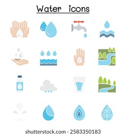 Water icon set  in flat color style