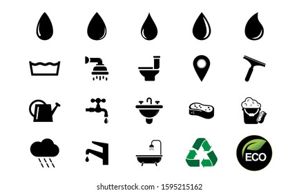 Water icon set flat style black on white background, simply vector design, water symbol icons, water drop silhouette.