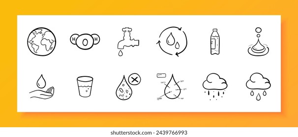 Water icon set. Global warming. climate. planet, liquid, thirst, pipeline, rain, clouds. Black icon on a white background. Vector line icon for business and advertising