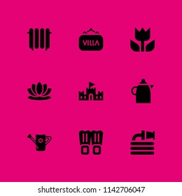 water icon set. hose, sand castle and heater vector icon for graphic design and web