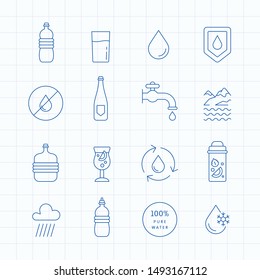 Water icon set. Included icons as water drop, water bottle, water tap and more. Line style vector illustration