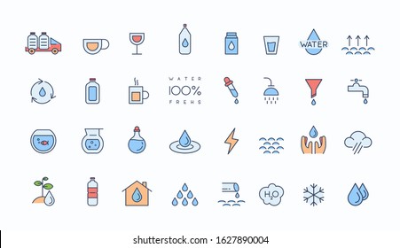 Water icon set. Included icons as water drop, water bottle, water tap and more. Line style vector illustration