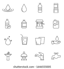 Water icon set. Included icons as drop, moisture, liquid, water bottle, well and more. Thin linear graphic pictogram for web site, mobile application. Logo illustration. Eps10.