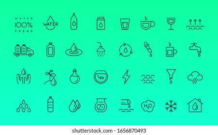 Water icon set. Included icons as water drop, water bottle, water tap and more. Line style vector illustration