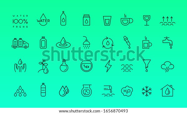 Water icon set.\
Included icons as water drop, water bottle, water tap and more.\
Line style vector\
illustration