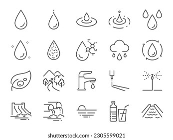 Water icon set. It included Liquid, Moister, Water Tap, and more icons. Editable Stroke.