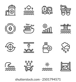 Conjunto de iconos de agua. Incluye acuario, barco, océano, botella de agua, filtro de agua y más. Colección de Vector de iconos de contorno.