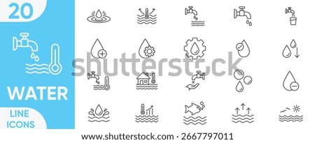 Water icon set line editable stroke.waterproof, glass of water, bottle, faucet, hydration, shower, drop, rain, tap, drinking water and more.Vector and illustration